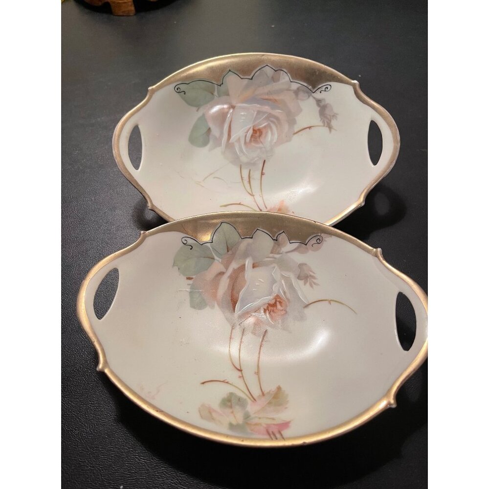Bavarian China Two Handled Porcelain Rose Dishes